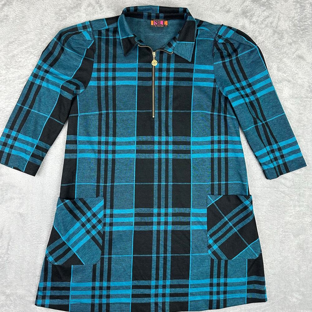 Isle by Melis Kozan Blue Plaid Tartan 3/4 Sleeve Mini Dress Preppy Mod Large
